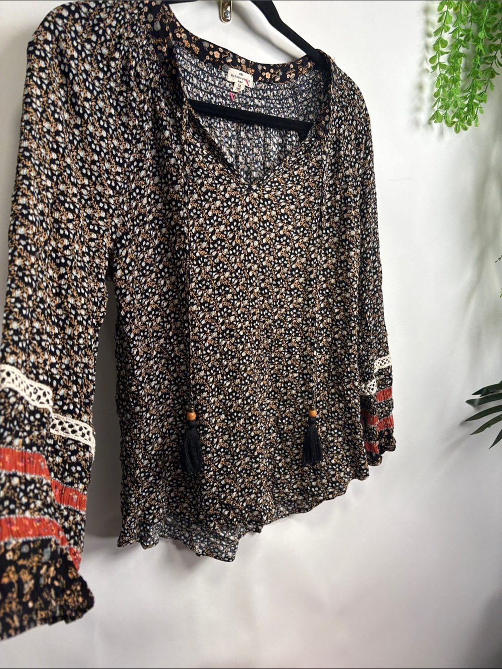 Boho Floral Tassel Peasant Blouse in Black and Brown